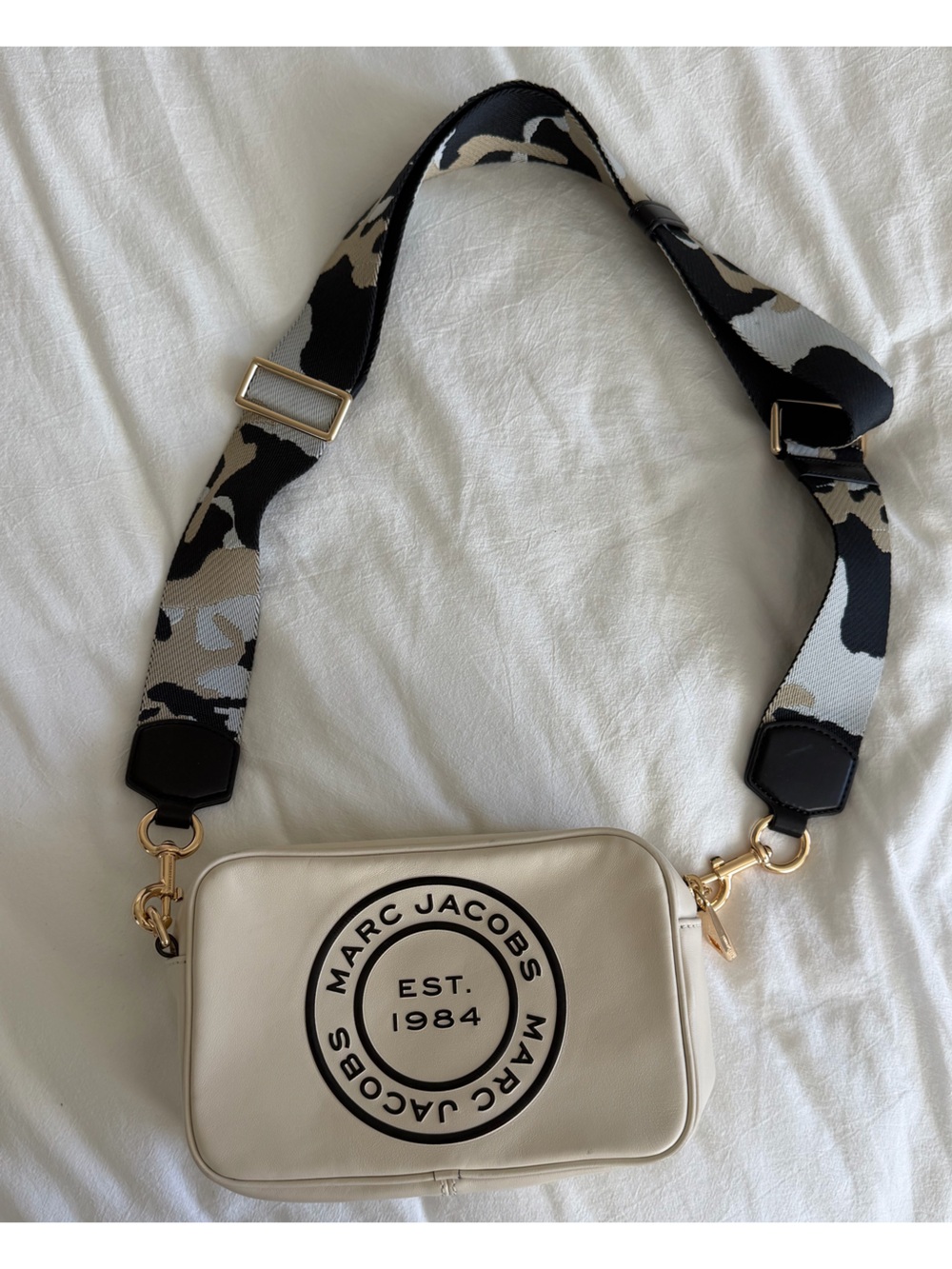 Marc Jacobs Cream Crossbody Snapshot Bag with Gold Accents and Camo Strap